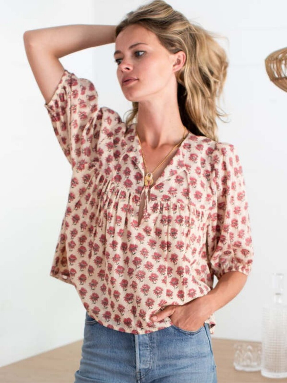 Emerson Fry Puff Isla Top Alma Organic Floral Block Print Size XS / Small - Picture 3 of 12